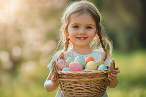 Little girl joyfully carrying basket, a Photo by Pavel_design