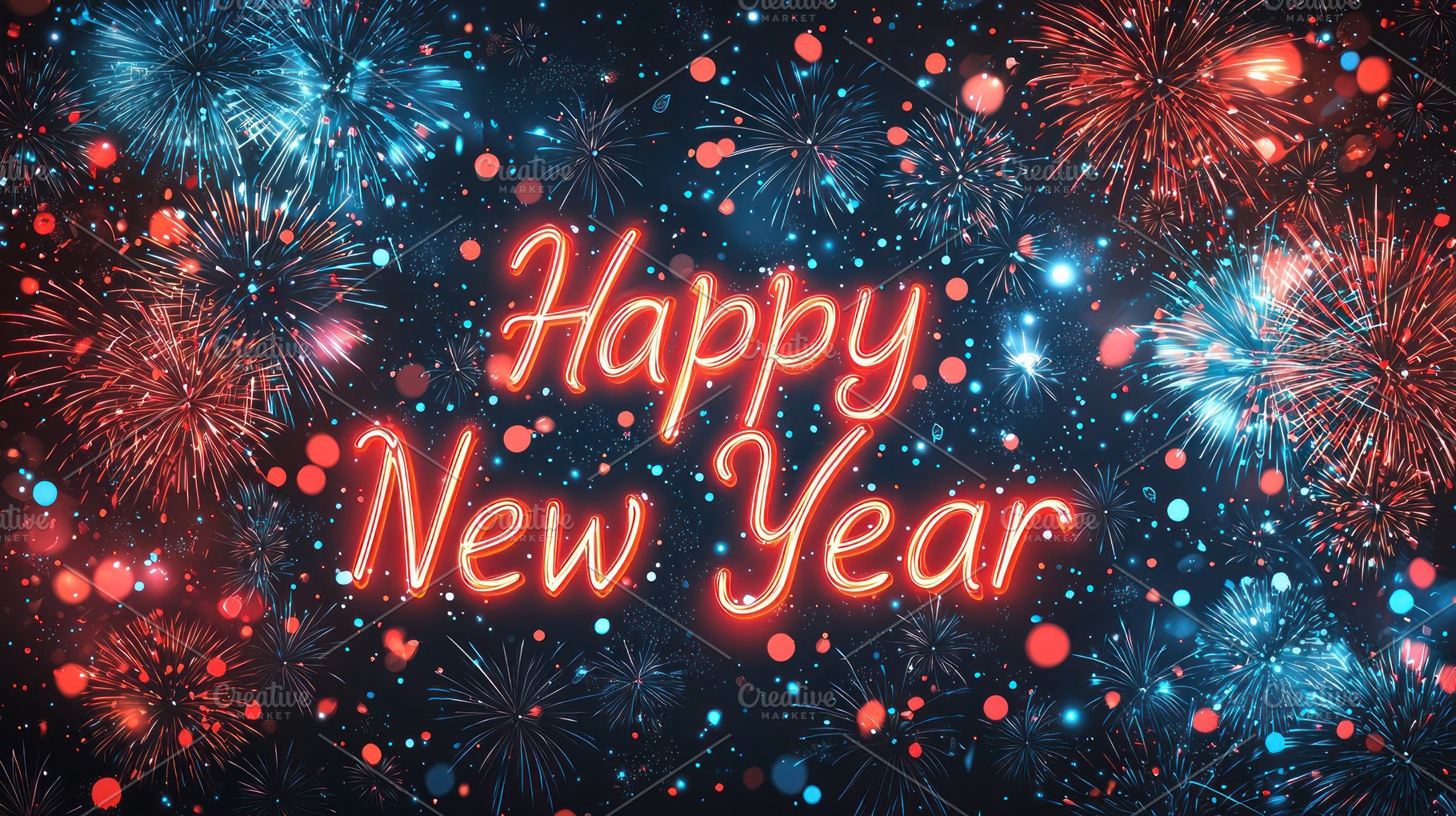 Happy new year glowing red neon text with colorful red and blue, a Background Photo by José Manuel Gelpi