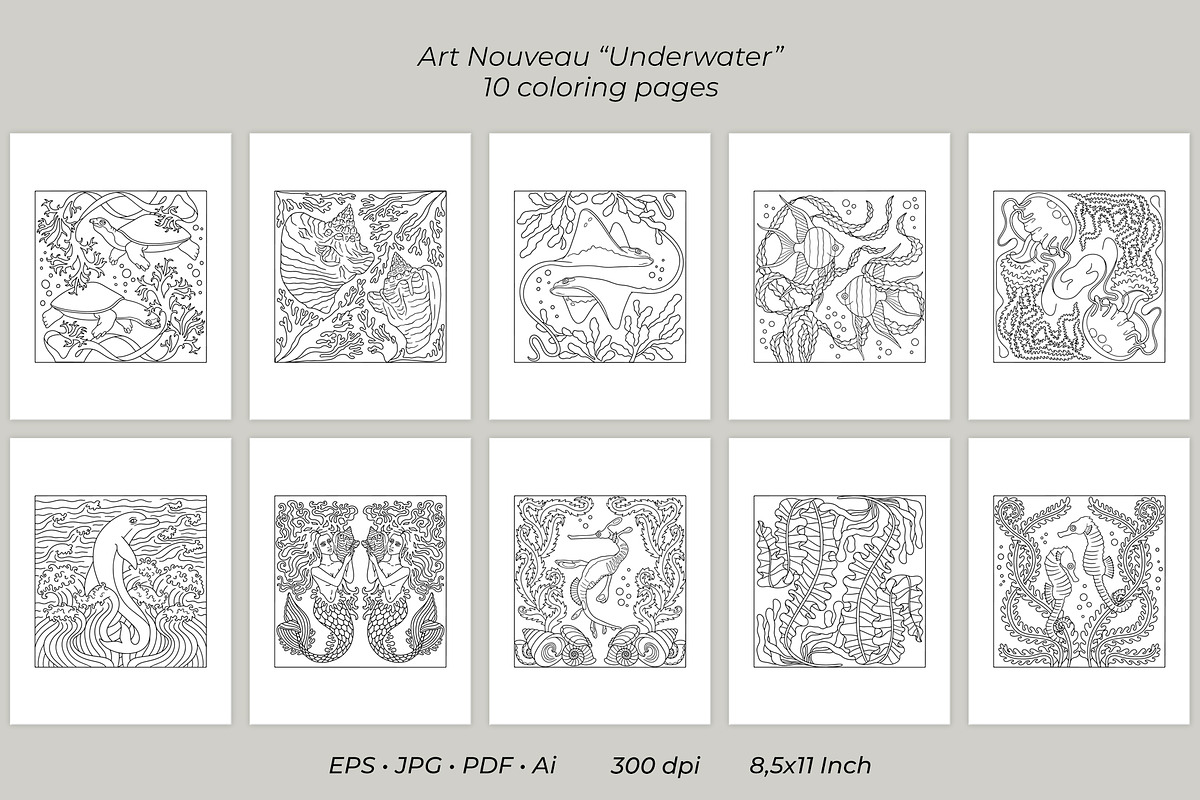 Art Nouveau Sea Coloring Book Pages, a Print Template by Rose Design (Photo 3 of 6)