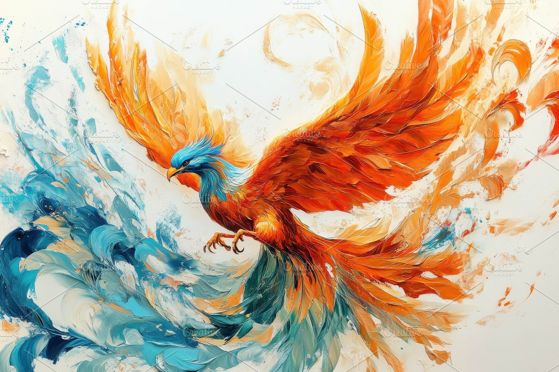Fiery Phoenix Soaring Through Turquo, a Photo by Pixeness Studio