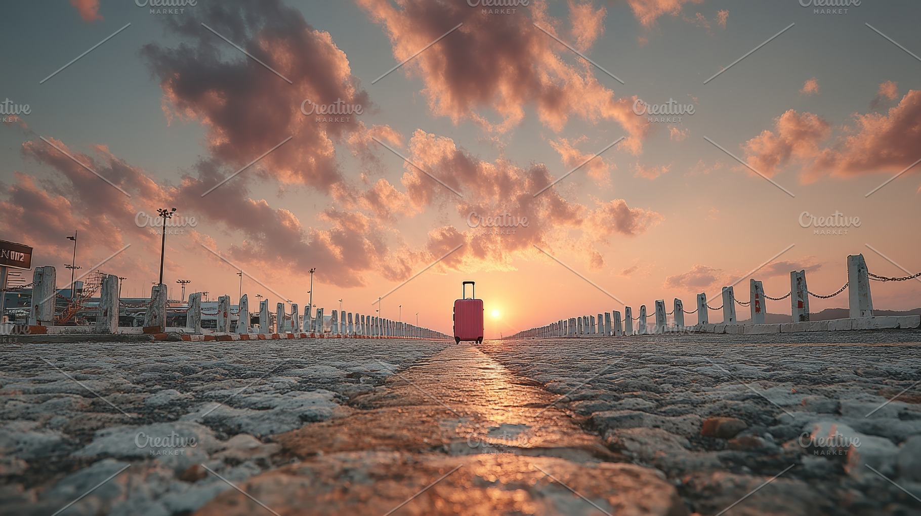 Sunset at the end of the road with a lone suitcase on a stone boardwalk, a Photo by AS photostudio
