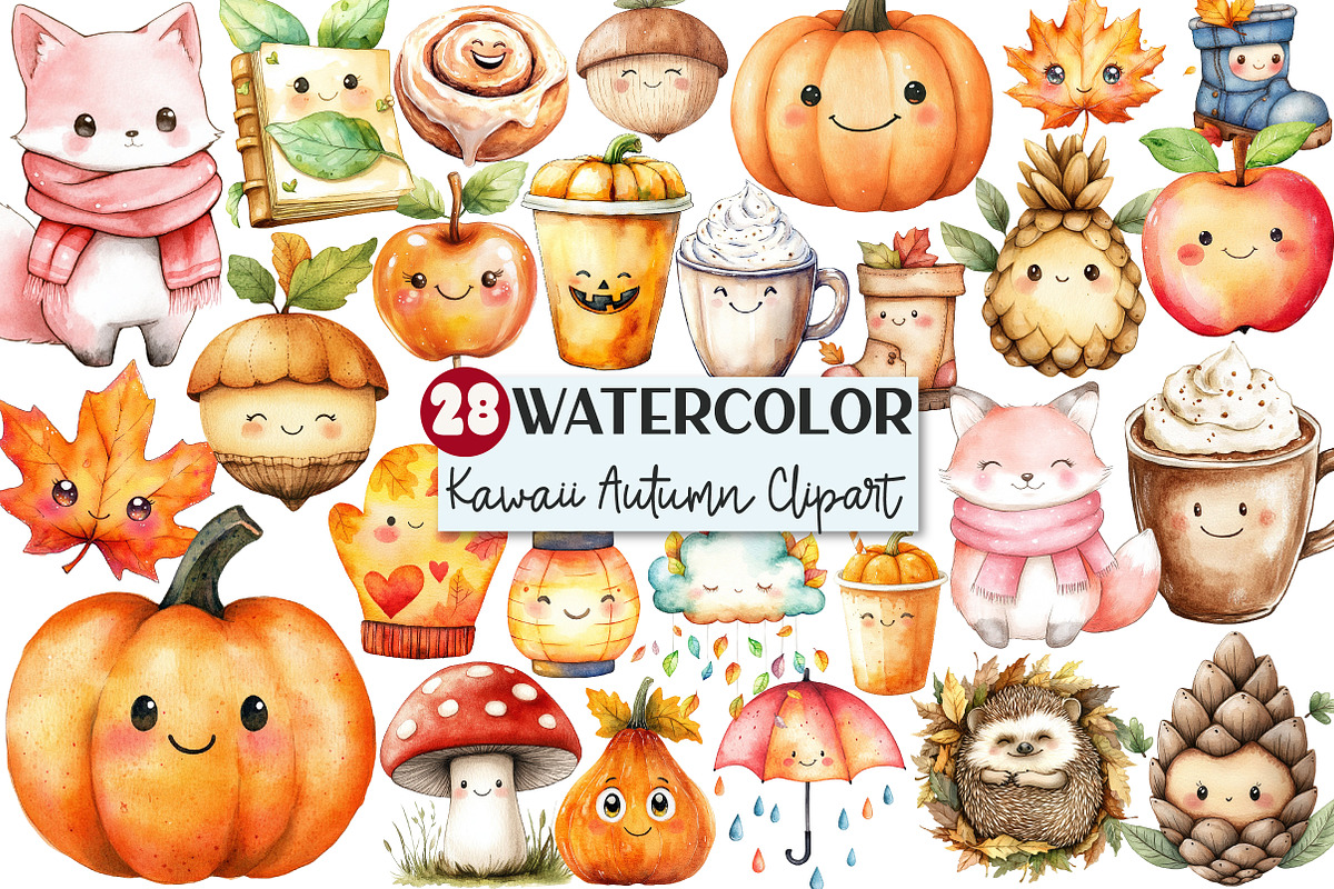 Watercolor Kawaii Autumn Clipart, an Illustration by Rose Art (Photo 1 of 7)
