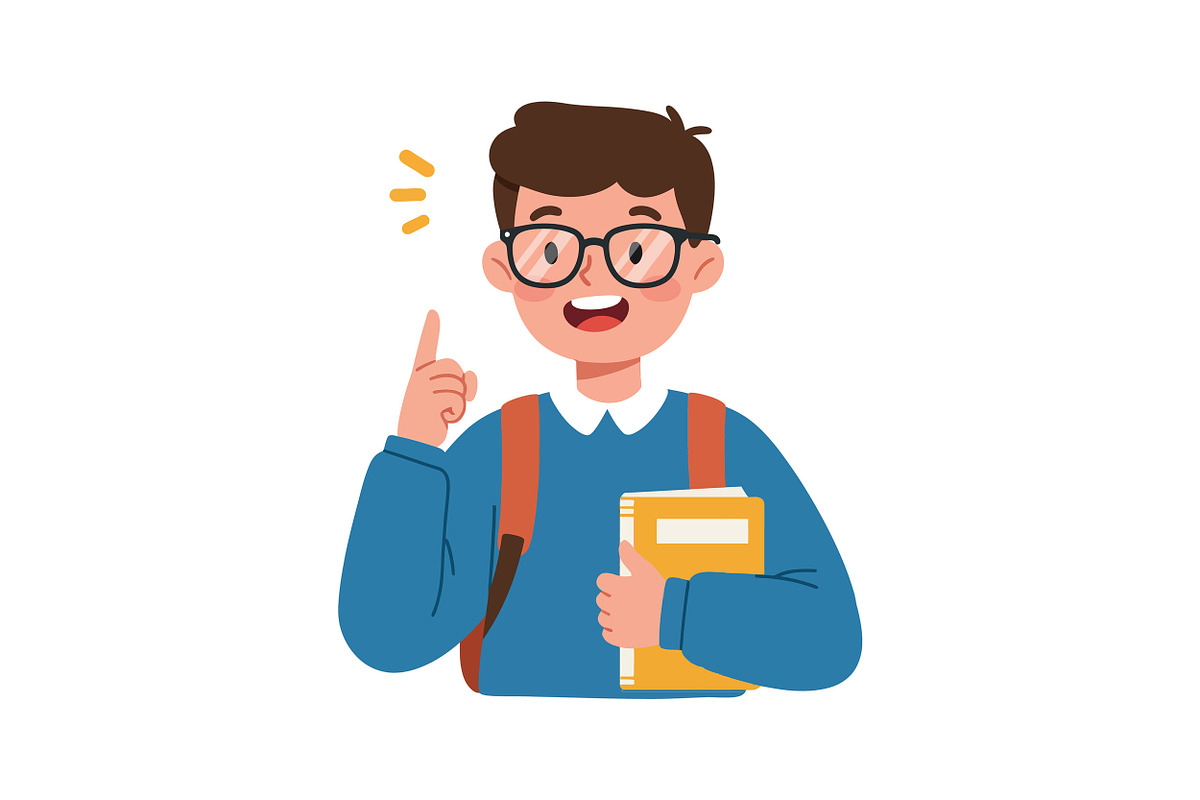 Cheerful student with glasses holdin, an Illustration by designvectx
