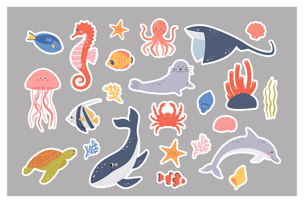 Ocean Animals Sticker Pack, an Animal Illustration by Sabina_Ava