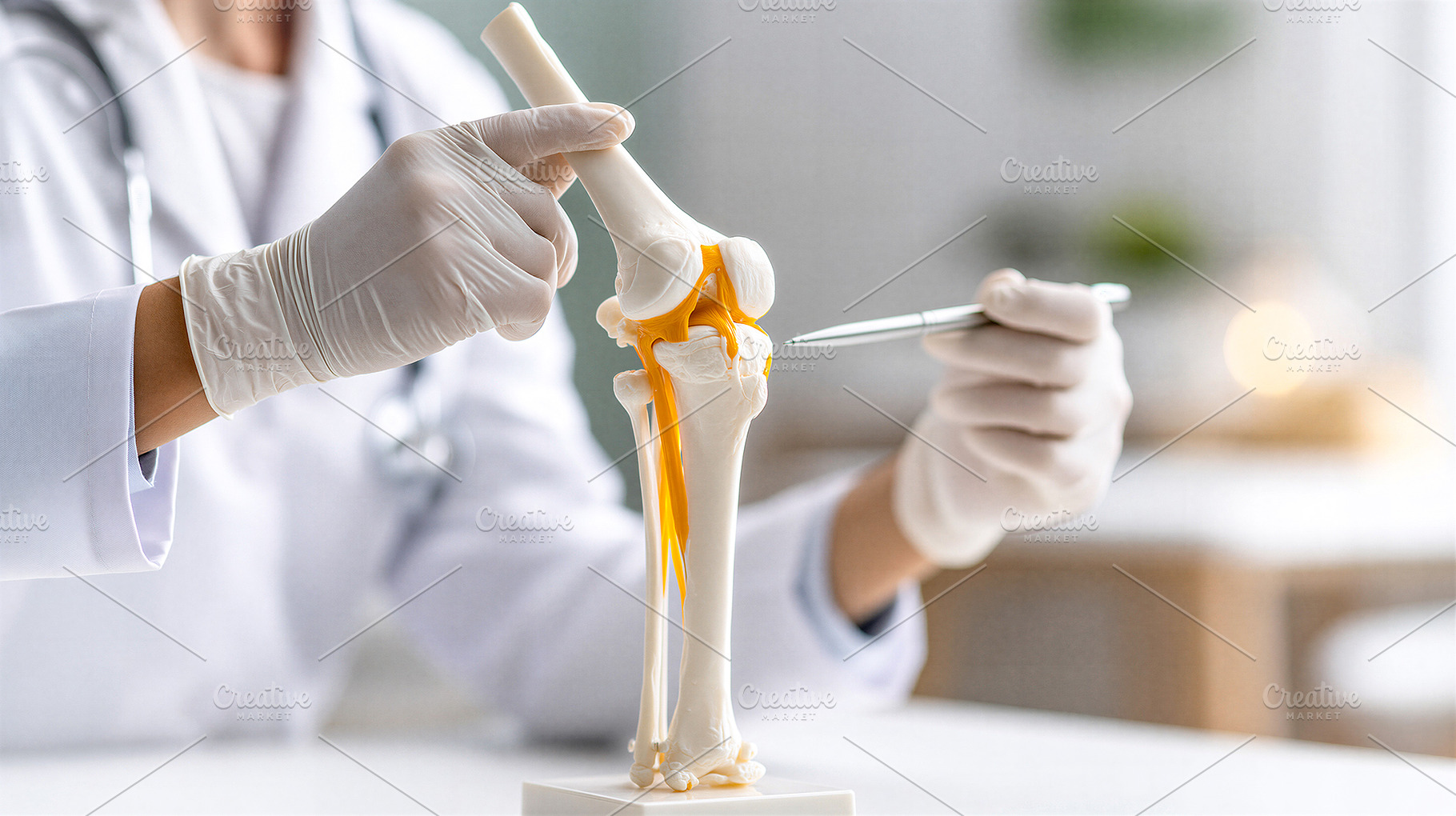 Doctor with human knee joint model, a Health & Medical Photo by 7DesignLab