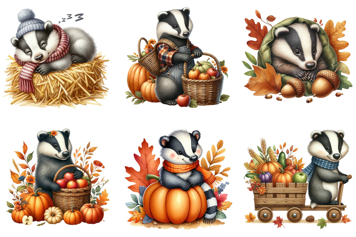Autumn Cute Badger Watercolor Clipar, an Illustration by DreamArtGraphic (Photo 2 of 5)