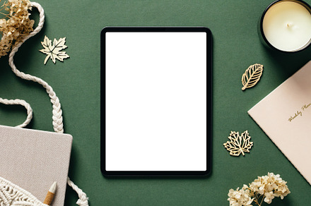 Digital tablet pad mockup on feminine desk table in bohemian style. Flat lay, t, a Beauty & Fashion Photo by photoguns