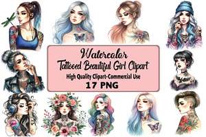 Tattooed Beautiful Girl Clipart Bund, an Illustration by Daily.Designs