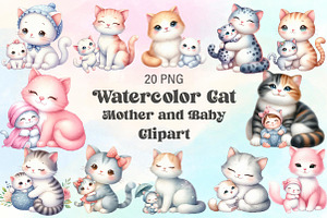 Watercolor Funny Cat Mother Baby PNG, an Illustration by CraftArtStudio
