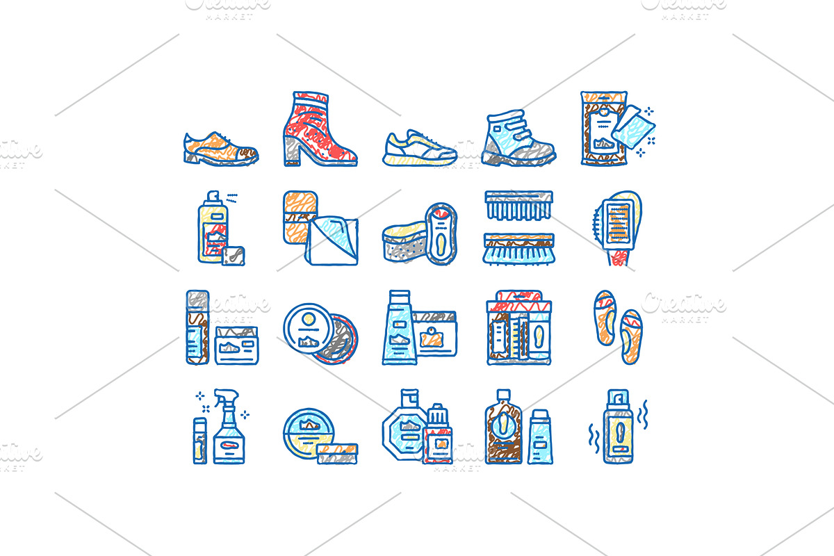 Shoe Care Accessories set Icons hand, an Object Illustration by pikepicture