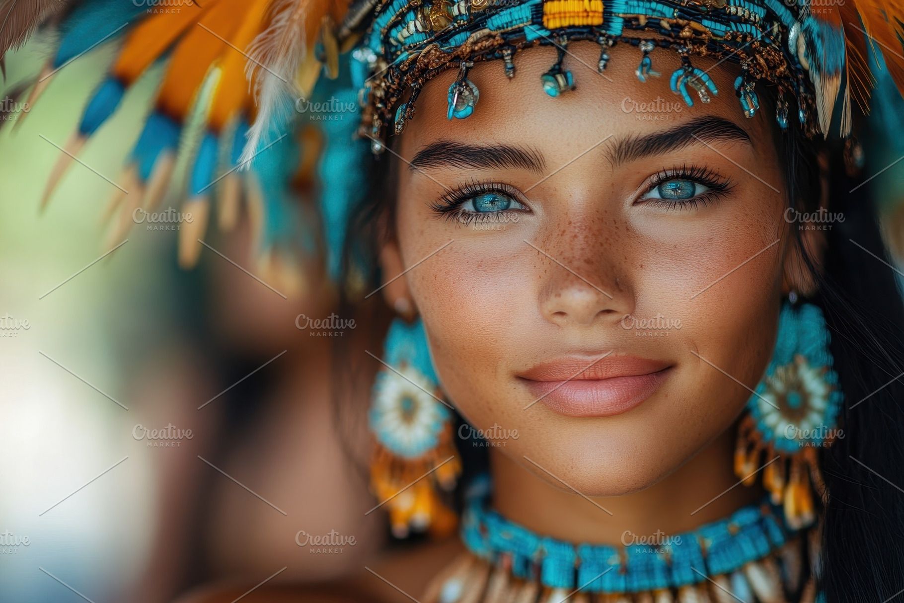 Young woman in vibrant tribal attire, a Photo by Tanuart
