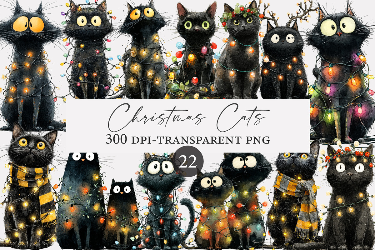 Whimsical Christmas Cats Clipart, an Illustration by Designworld (Photo 1 of 4)