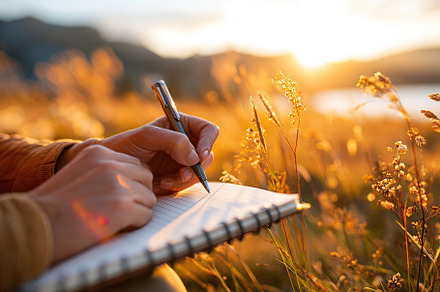 Journaling in nature during sunset, capturing thoughts with pen and paper in tr, a Photo by AlyaAnd