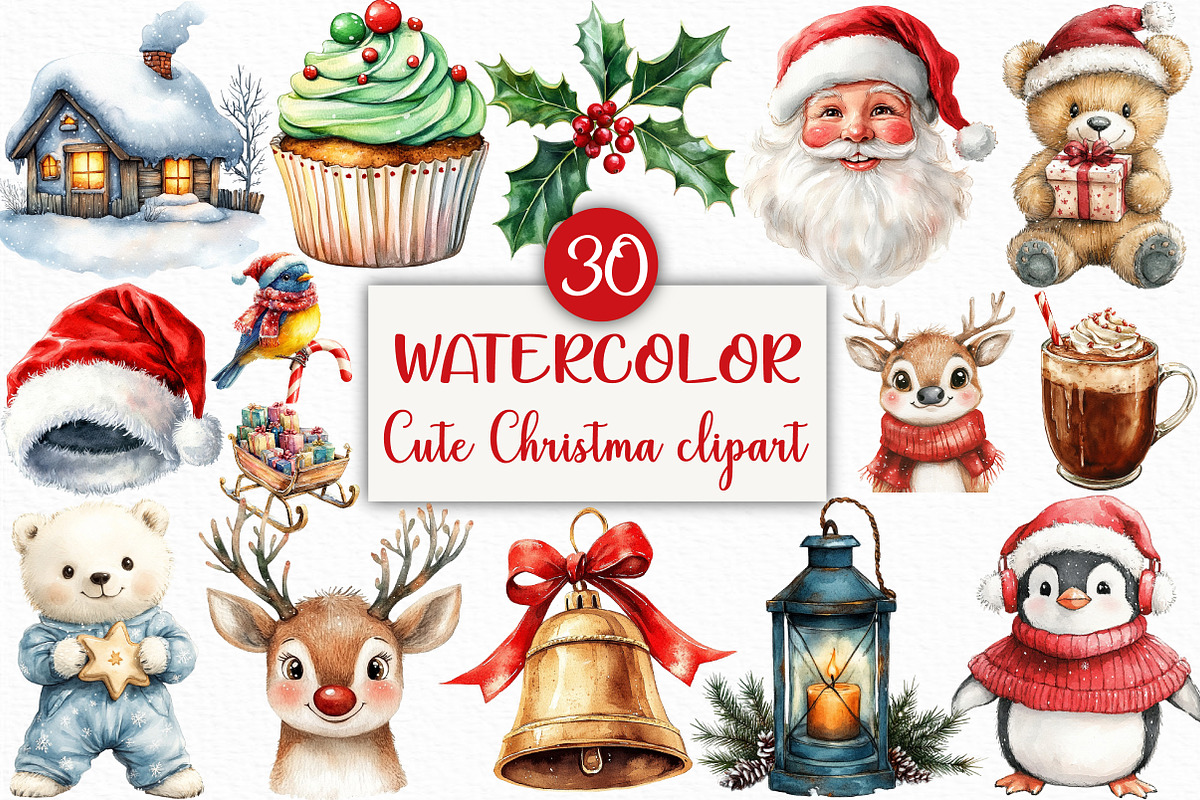 Cute Christmas watercolor clipart, an Illustration by Craft Nest (Photo 1 of 6)