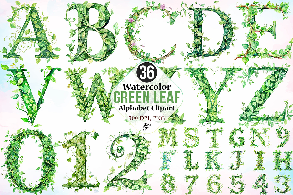 Watercolor Green Leaf Alphabet PNG, an Illustration by Canvas Craft (Photo 1 of 5)