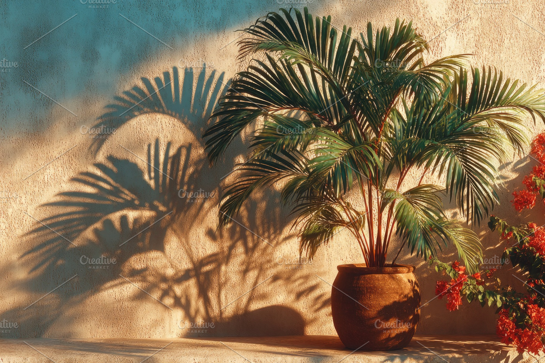 Tropical potted palm with dramatic leaf shadows on warm textured, a Beauty & Fashion Photo by José Manuel Gelpi