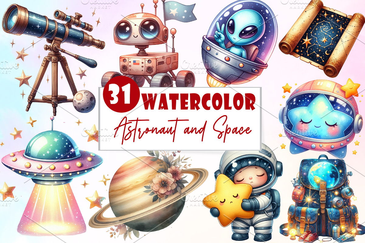 Watercolor Astronaut Space Clipart, an Illustration by Watercolor design (Photo 1 of 5)