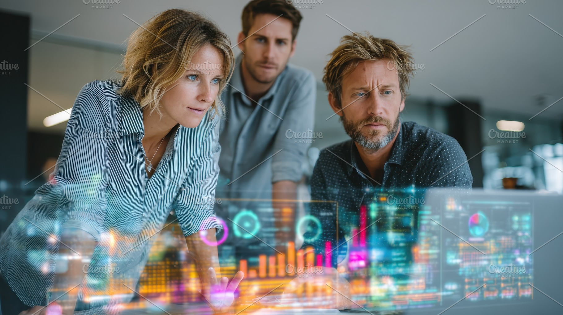 Business team analyzing data on digi, a Photo by Pixeness Studio