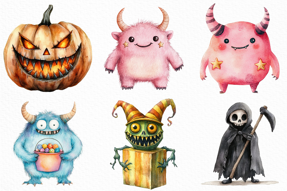 Watercolor Halloween Monster Clipart, an Illustration by Craft Nest (Photo 3 of 6)