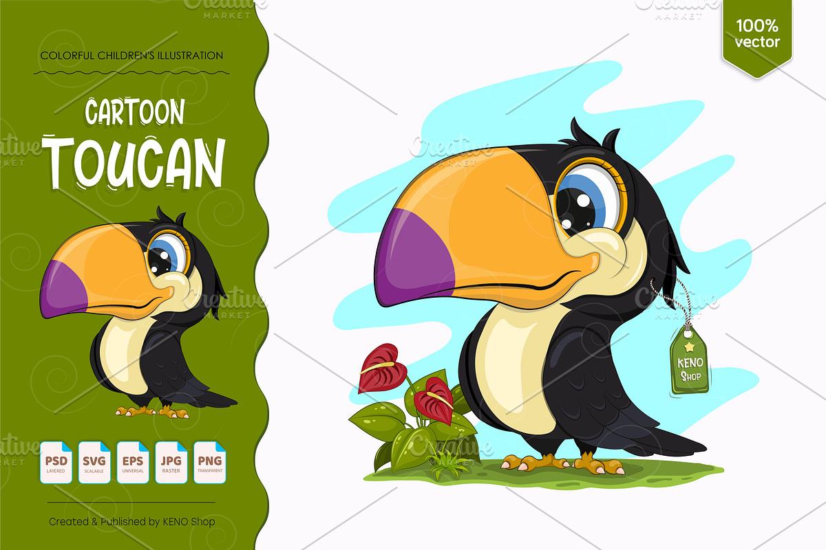 Cute cartoon toucan. Tshirt, PNG., an Animal Illustration by KENO Mascots (Photo 1 of 4)