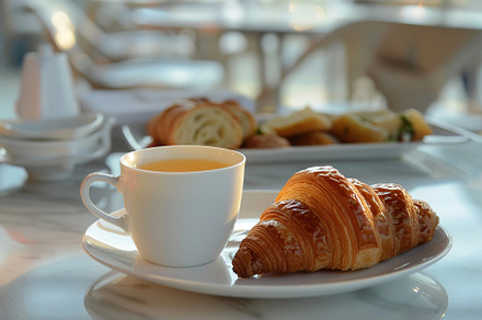 Cup of coffee and croissant on table in cafe with sunlights, a Food & Drink Photo by AlyaAnd