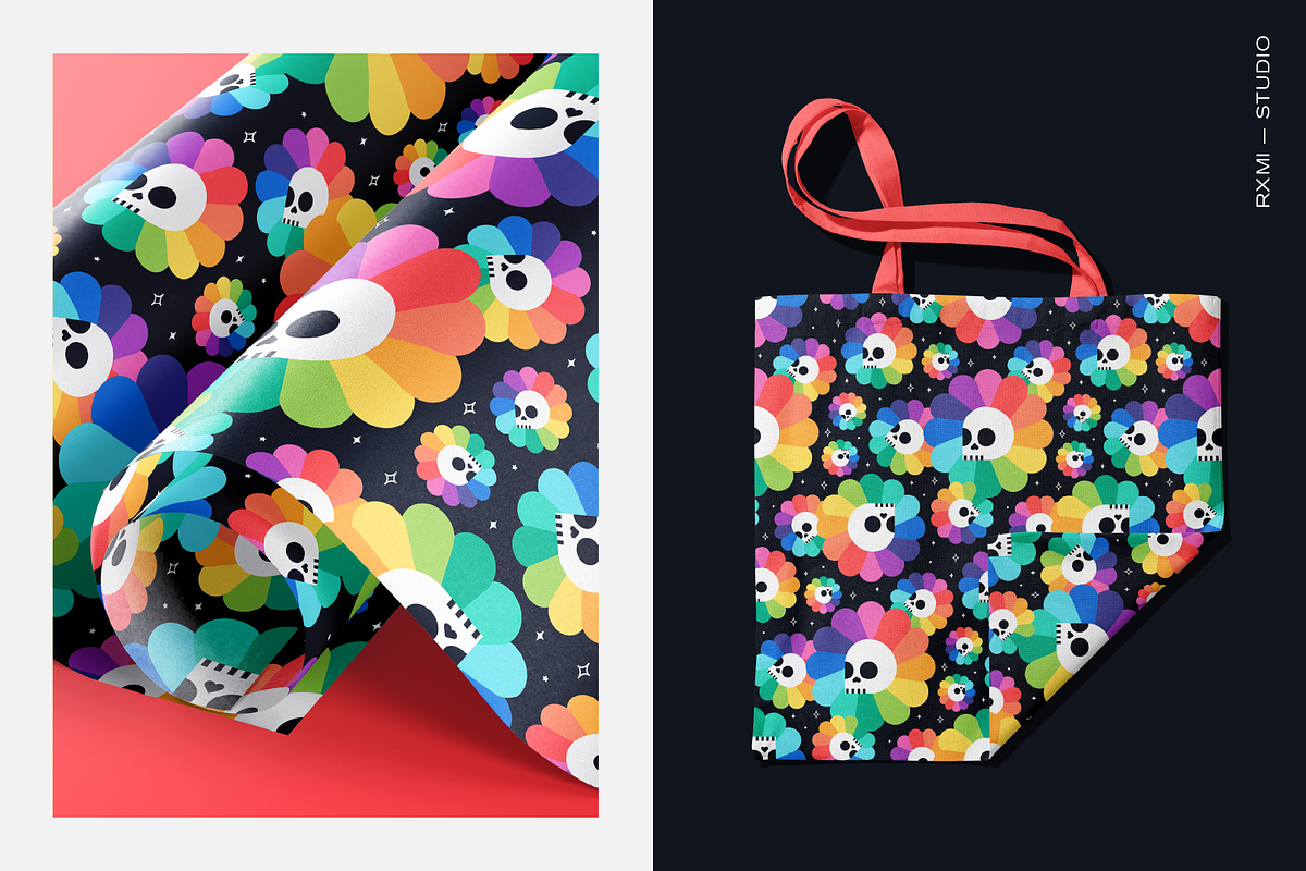 Rainbow Flowers with Skulls Pattern, a Pattern Graphic by Rxmi Studio (Photo 2 of 3)