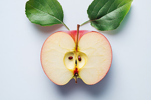 Red apple with half and green leaf i, a Business Photo by Pixeness Studio
