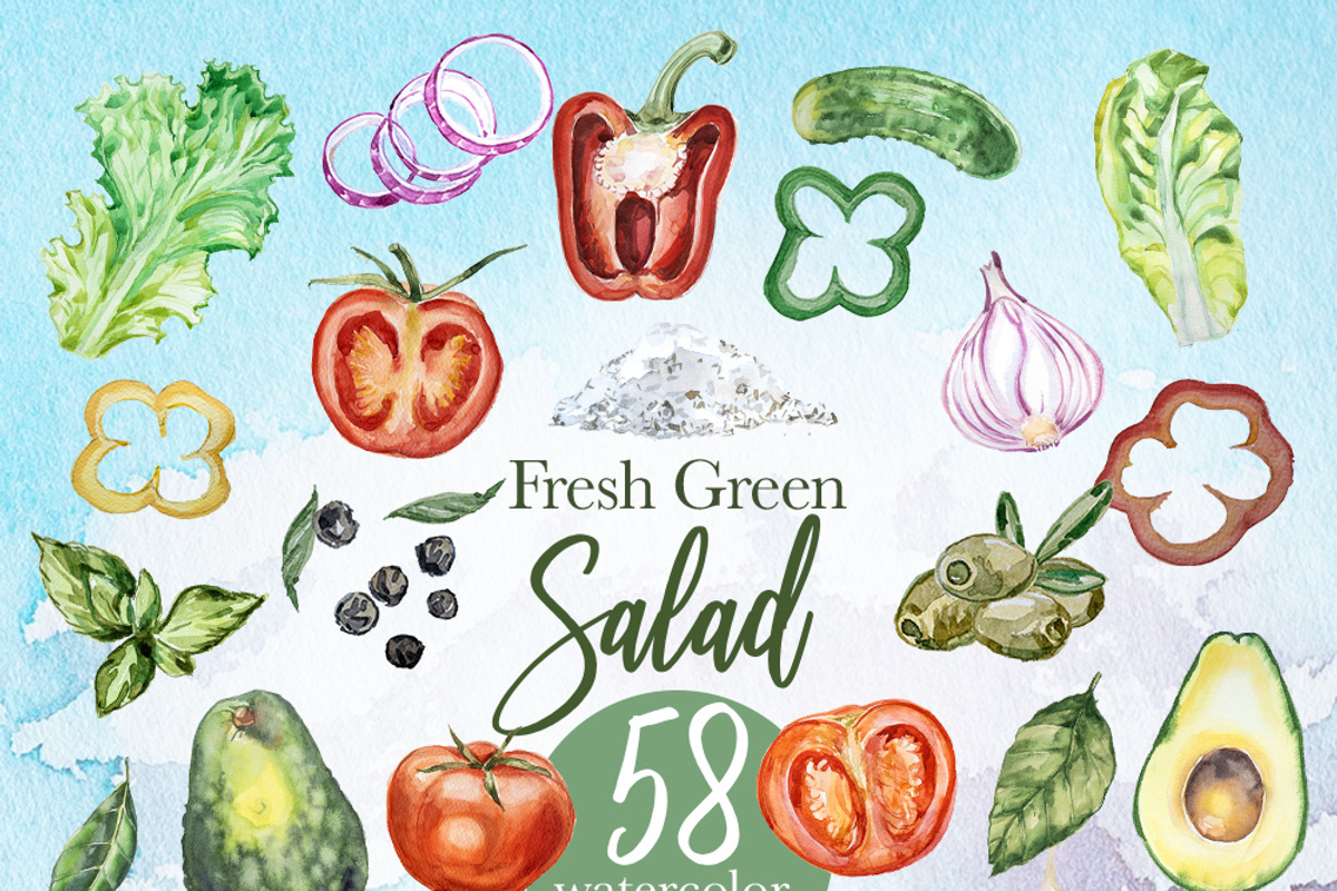 Salad Watercolor Clipart Set, a Food Illustration by ArtCreationsDesign (Photo 3 of 13)