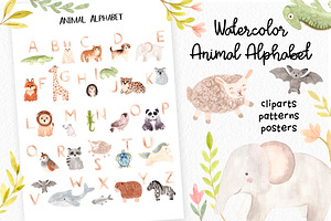 Watercolor Animal Alphabet. Cliparts