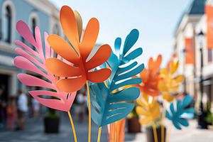 Colorful paper foliage installation brightens urban location during sunny day, an Architecture Photo by AlyaAnd