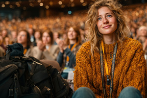 Young woman smiling among a large and attentive audience in a conference, a Person Photo by AS photostudio