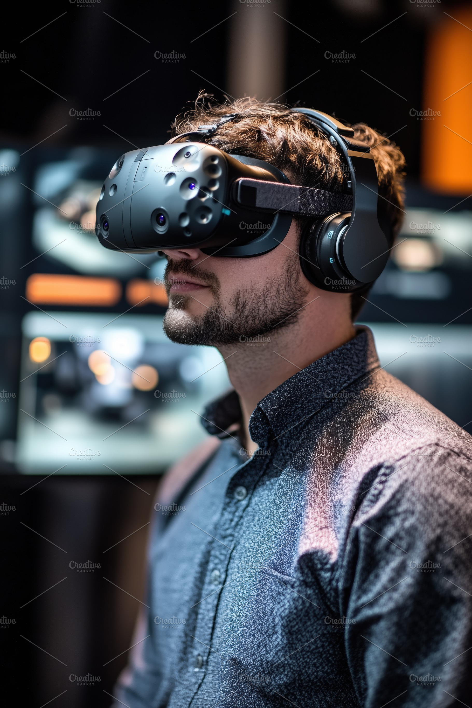 A man virtual prototyping specialist wearing a virtual reality headset and head, a Person Photo by Textures & Backgrounds