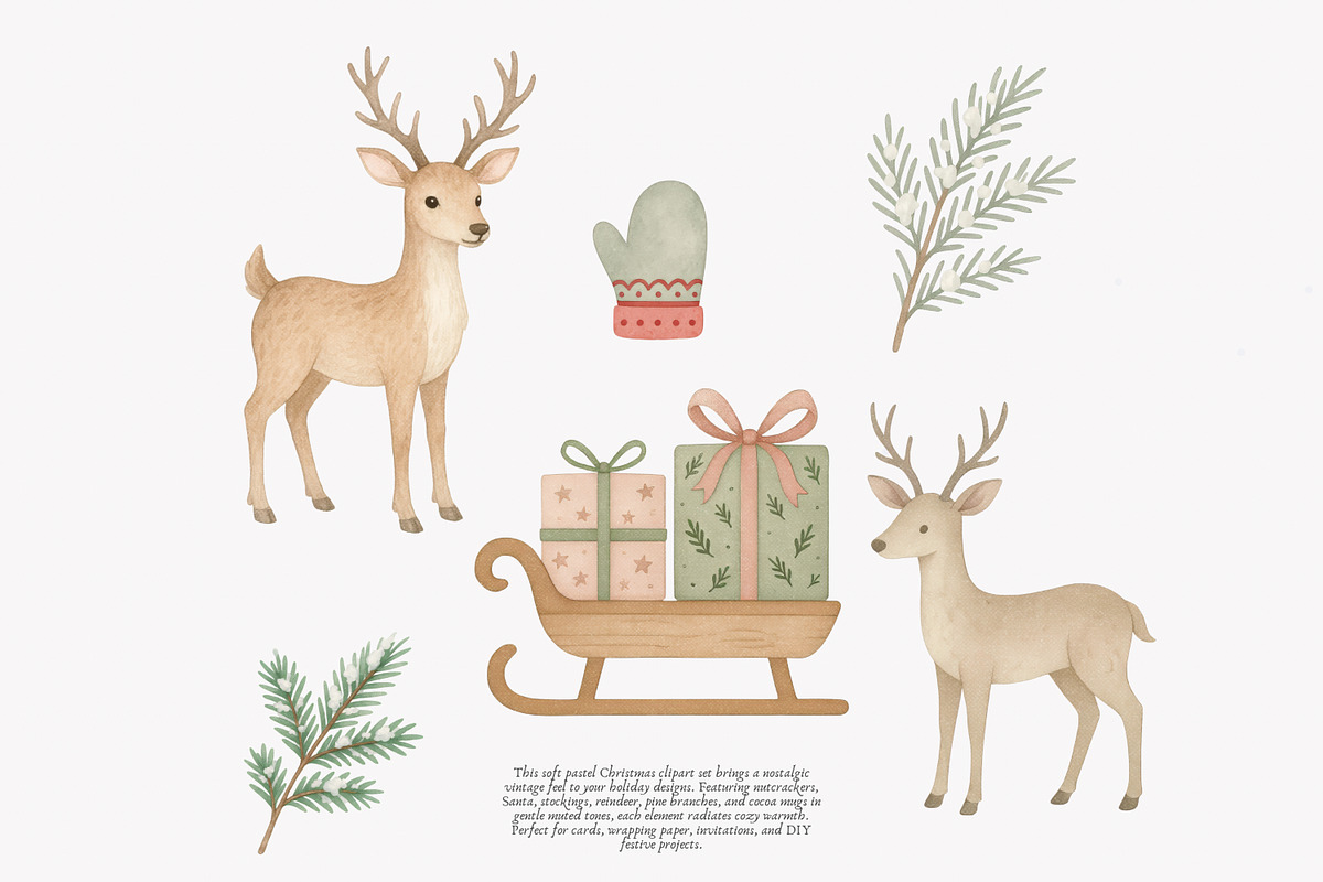 vintage pastel christmas clipart set, a Decorative Illustration by Patishop Art (Photo 4 of 9)