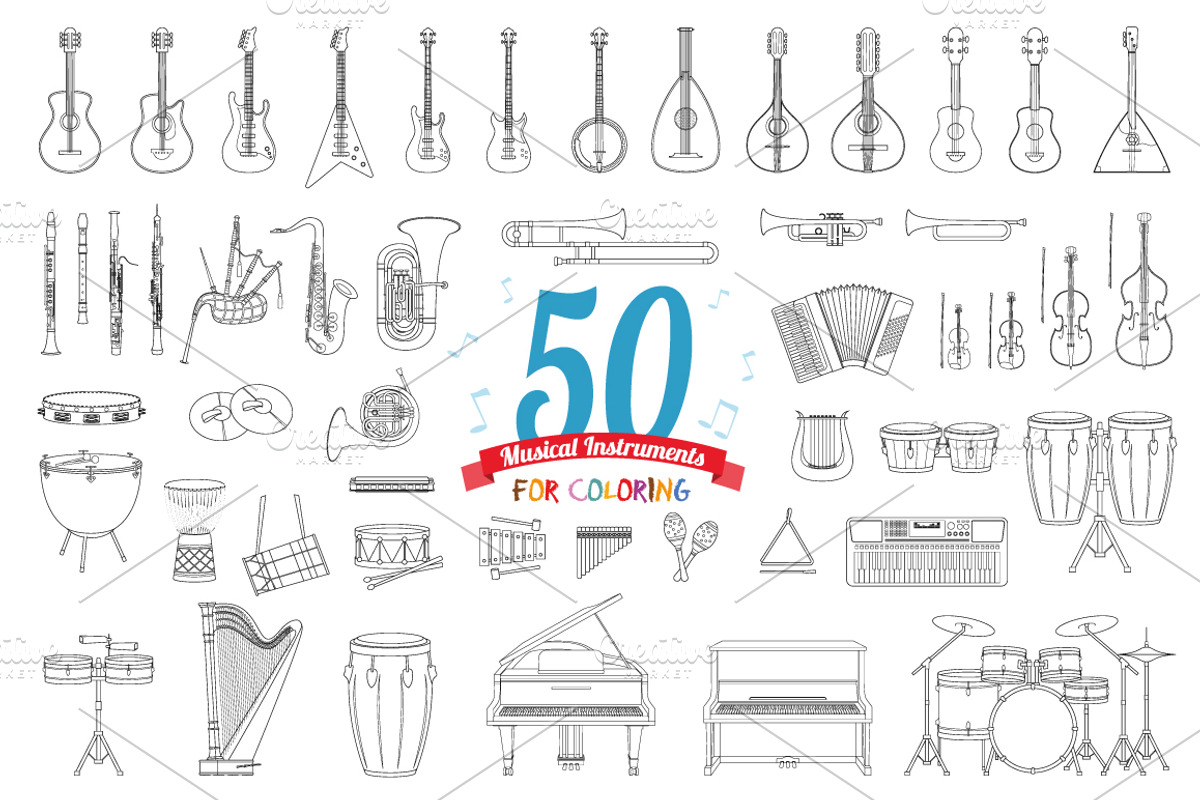 50x Musical Instruments for Coloring