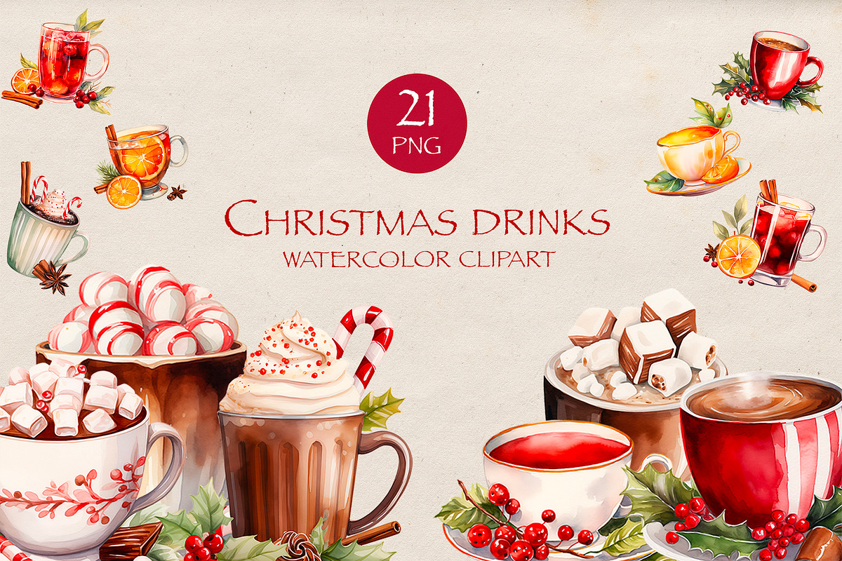 Christmas Drinks Watercolor Clipart, an Illustration by VeronikaArt (Photo 1 of 6)