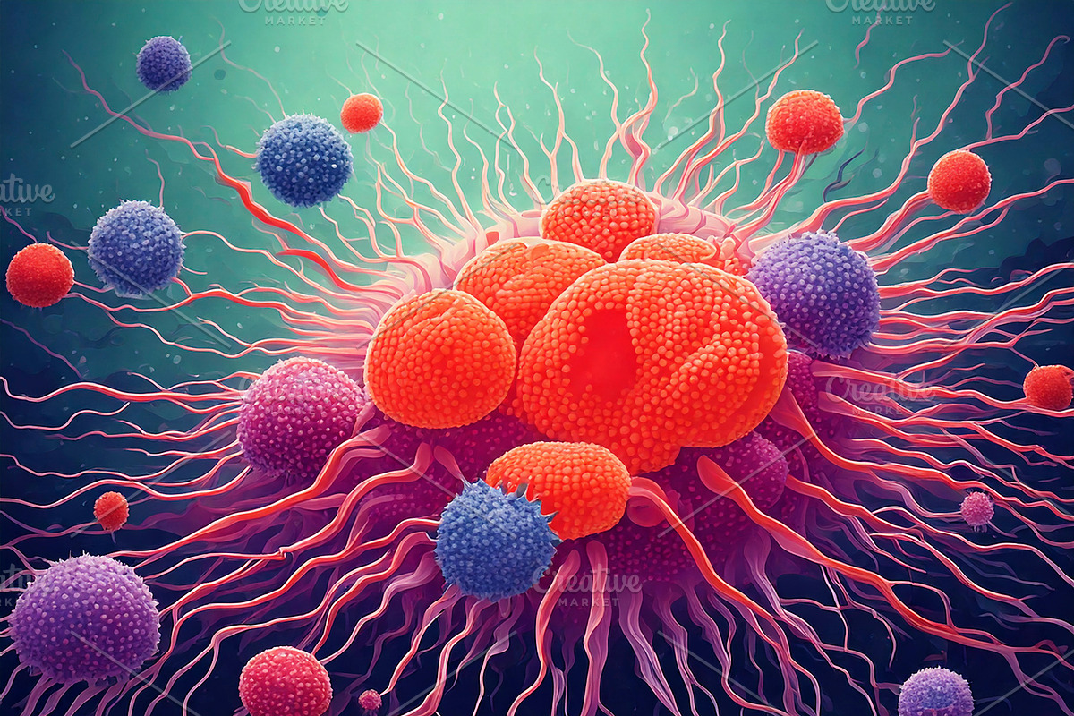 Illustration of abnormal cancer cells dividing among healthy cel, a Healthcare Illustration by DanFLCreativo
