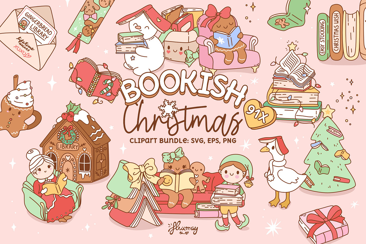 Bookish Christmas Clipart bundle, a Seasonal Illustration by Huxmay (Photo 1 of 6)