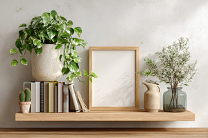 Wooden shelf with plants books and f, a Photo by Pixeness Studio