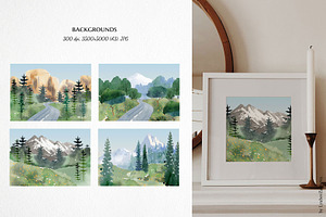 Watercolor Mountain Lake Landscape