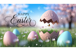 Decorative Easter eggs on a grassy, an Illustration by tilialucida