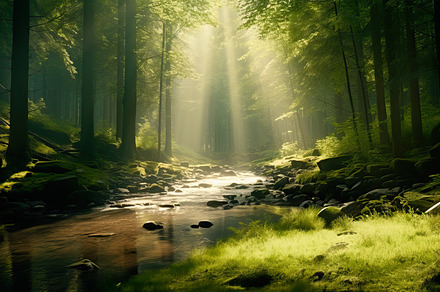A stream running through a lush green forest created with generative AI technol, a Nature Photo by OSORIOartist