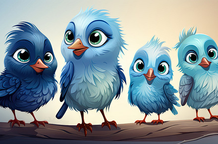 Cute Cartoon Blue Birds On A Branch - Vector Illustration For Kids And Animal T, a Photo by AS photostudio