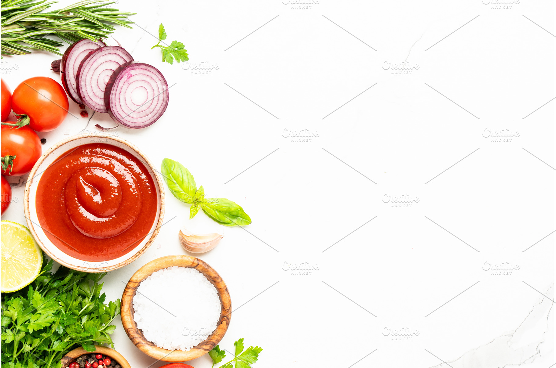 Kitchen table with herbs, spices and, a Food & Drink Photo by Nadia-nb
