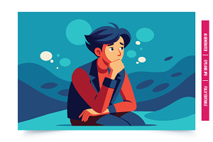 Man blue hair thoughtful, an Illustration by Tanuart