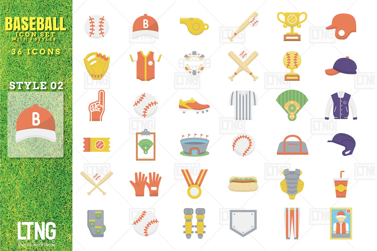 Baseball icon set with 3 styles, an Outline Icon by LTNG STUDIO (Photo 3 of 6)