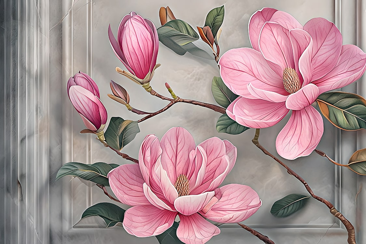 Pink magnolia flowers wallpaper, an Illustration by Liubovi Samoilova SHOP