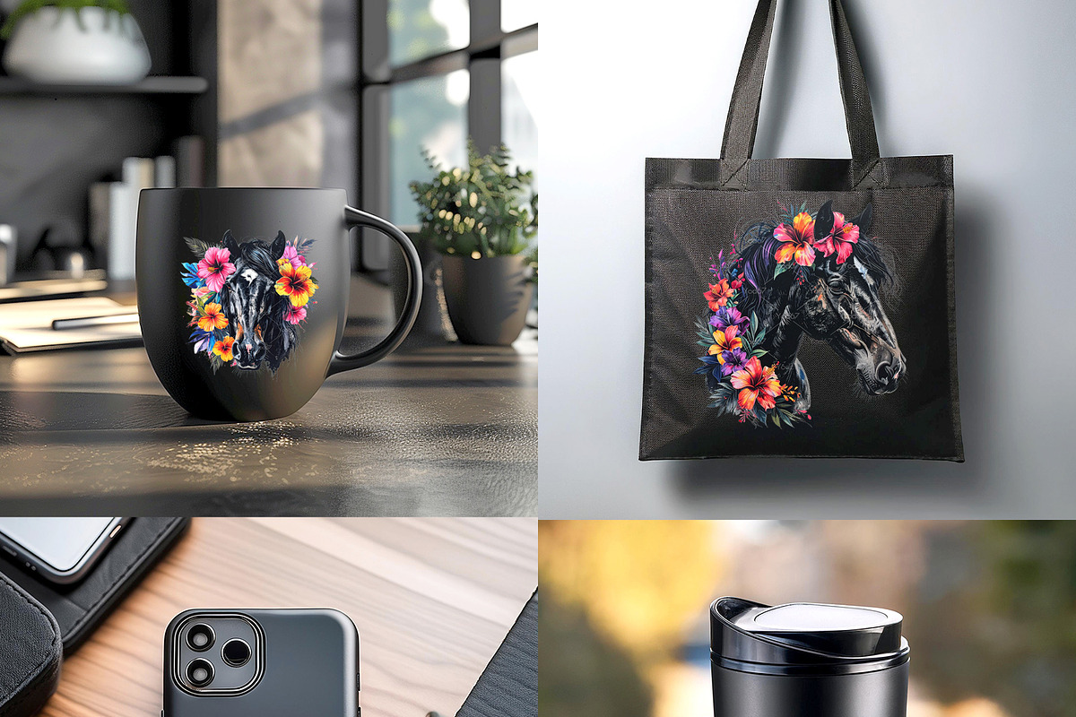 Black horse head with flowers, an Animal Illustration by yod67 (Photo 8 of 8)