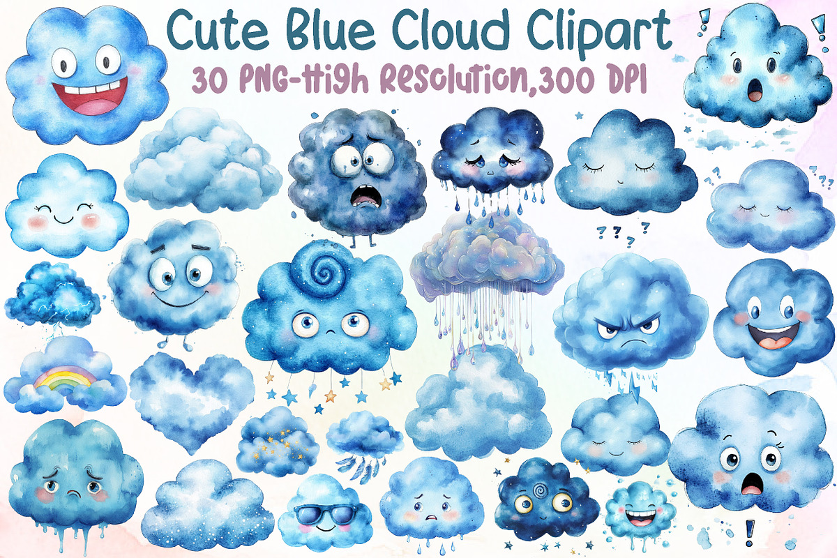 Blue Cloud Clipart, Blue Emoticon Cl, an Illustration by Sublimation Artist (Photo 1 of 6)