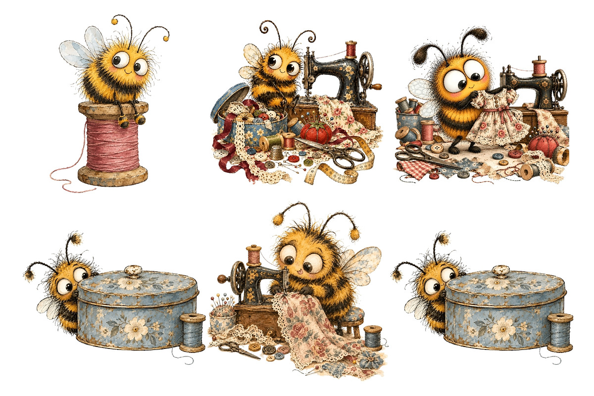 Whimsical Sewing Bees Clipart, a Decorative Illustration by Nicolle's Colorful Art (Photo 6 of 6)