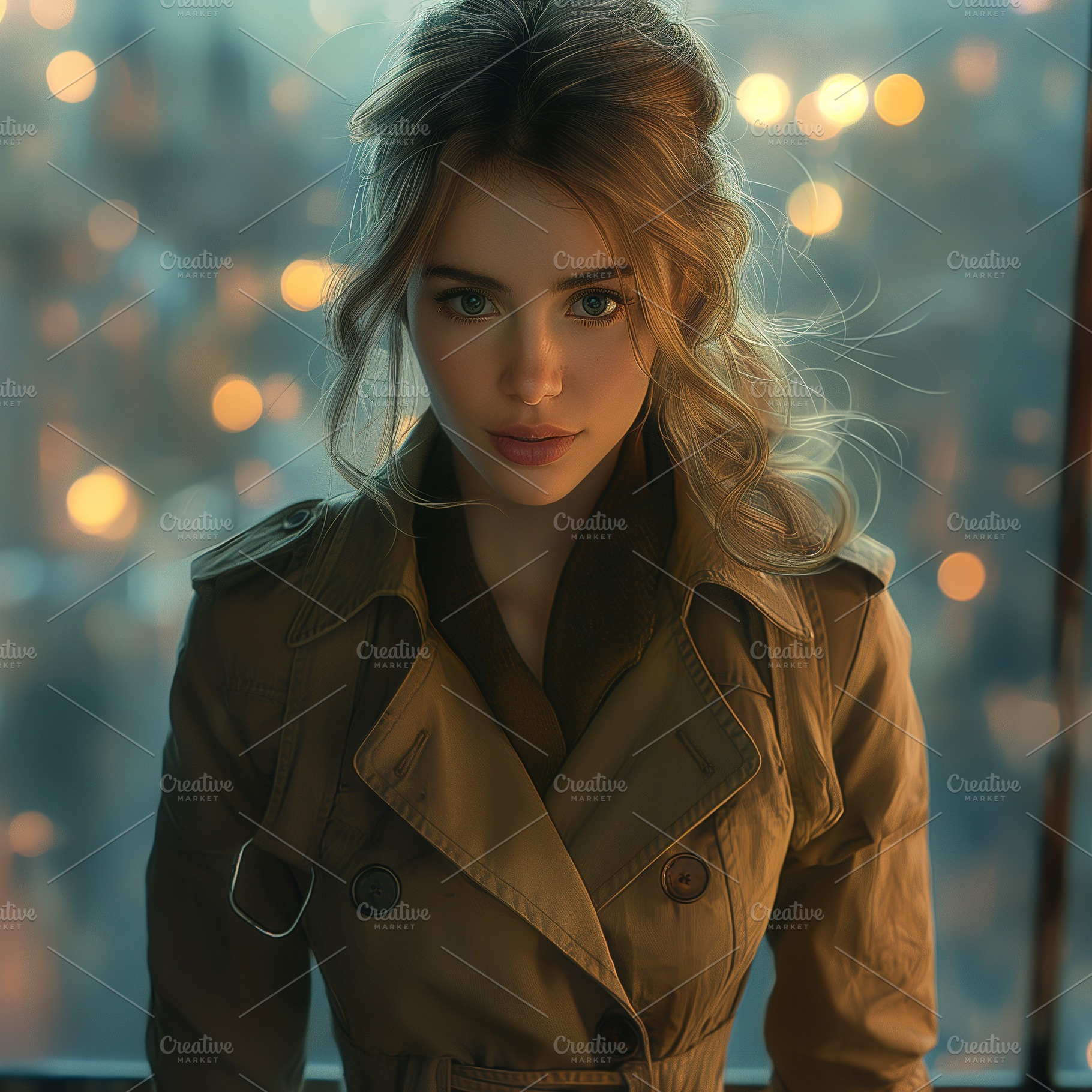 A young Caucasian woman with wavy blonde hair wearing a stylish trench coat, ga, a Person Photo by ImageMir